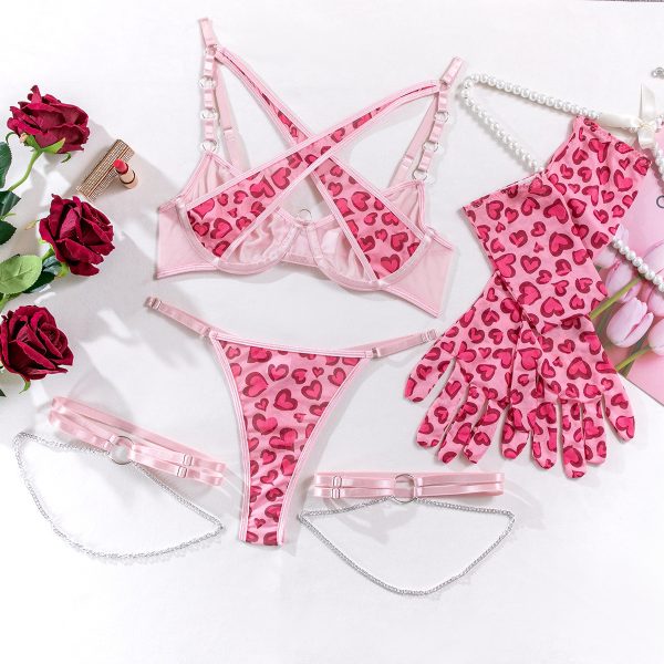 Wildcat Chain Lingerie Set – Pink Leopard 4 Piece detail layout