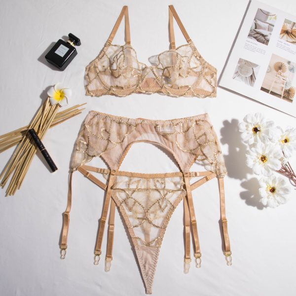 Embroidered Mesh Underwire Lingerie Set – Champagne Glow