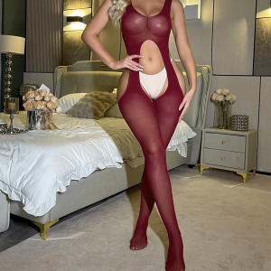 Open-Crotch Jacquard Bodystocking Lingerie – Wine Red