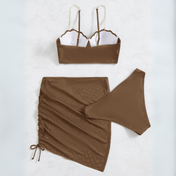 Shell Cup Pearl Strap Bikini 3 Piece Set – Mocha Brown back