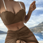 Набор бикини с ракушками и жемчужными бретелями (3 предмета) – Мокко-коричневый