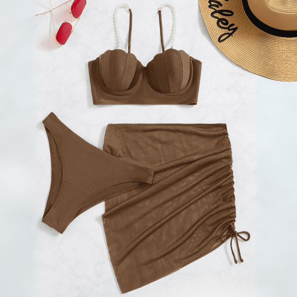 Shell Cup Pearl Strap Bikini 3 Piece Set – Mocha Brown front