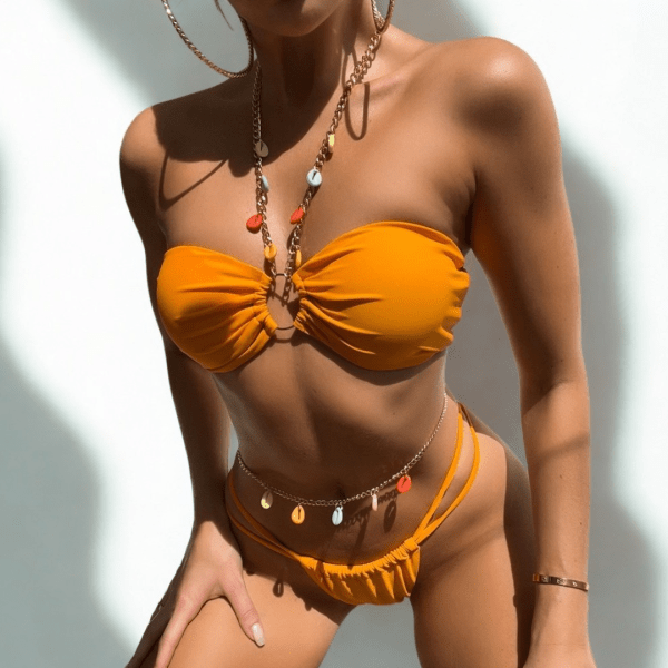 Strapless Halter Bikini Set with Shell Pendant – Sunset Orange 1
