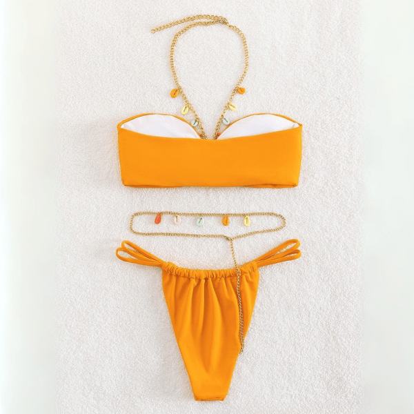Strapless Halter Bikini Set with Shell Pendant – Sunset Orange back